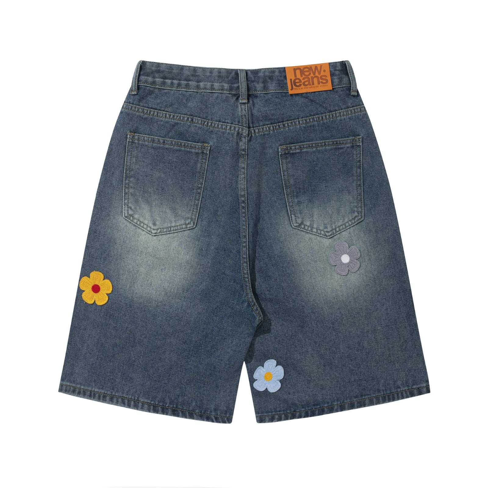 Men's Y2K High Waisted Straight Leg Baggy Jean Shorts 3D Floral Embroidered Denim Pants with Pocket