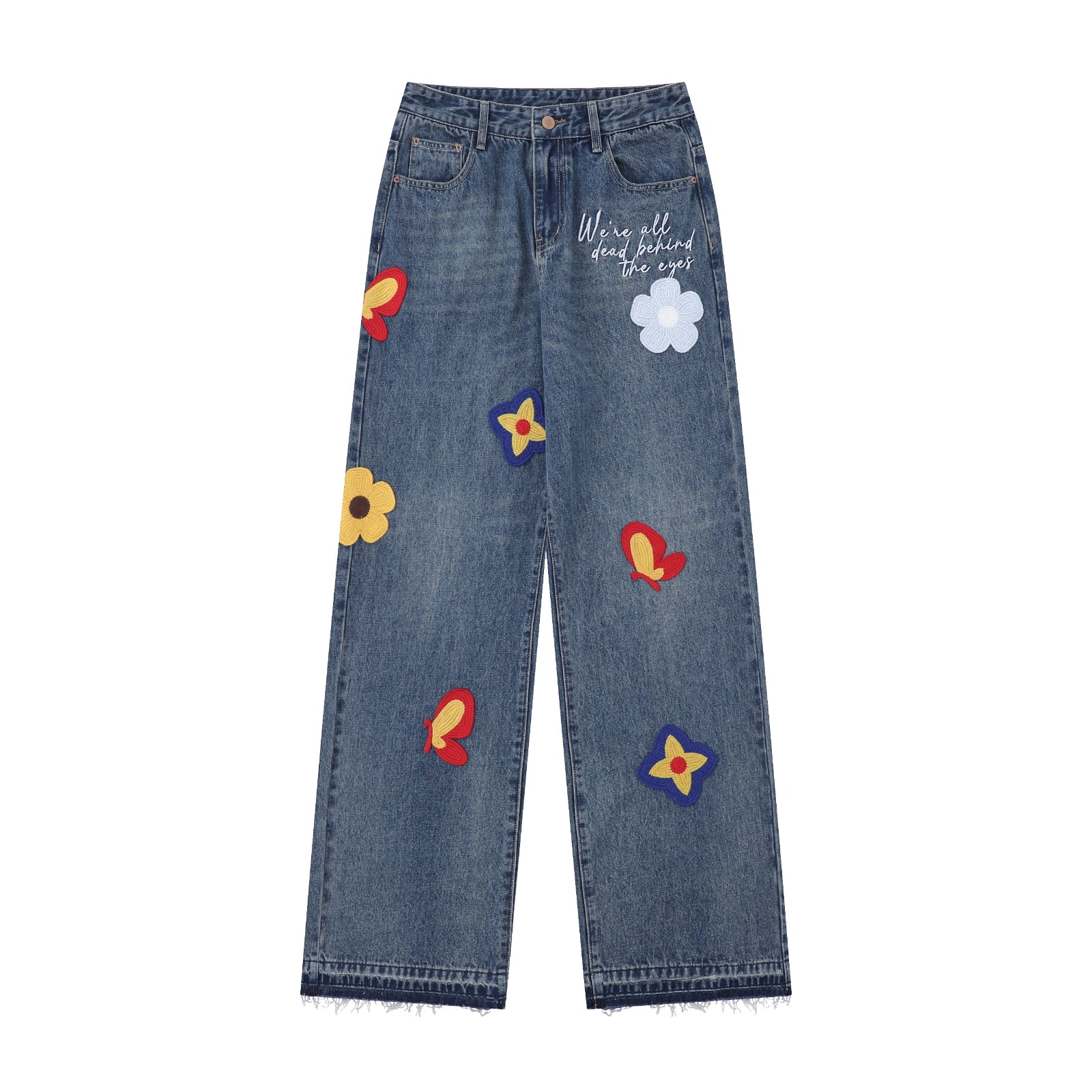 Women's Y2K High Waisted Straight Leg Baggy Jean 3D Floral Embroidered Denim Pants with Pocket