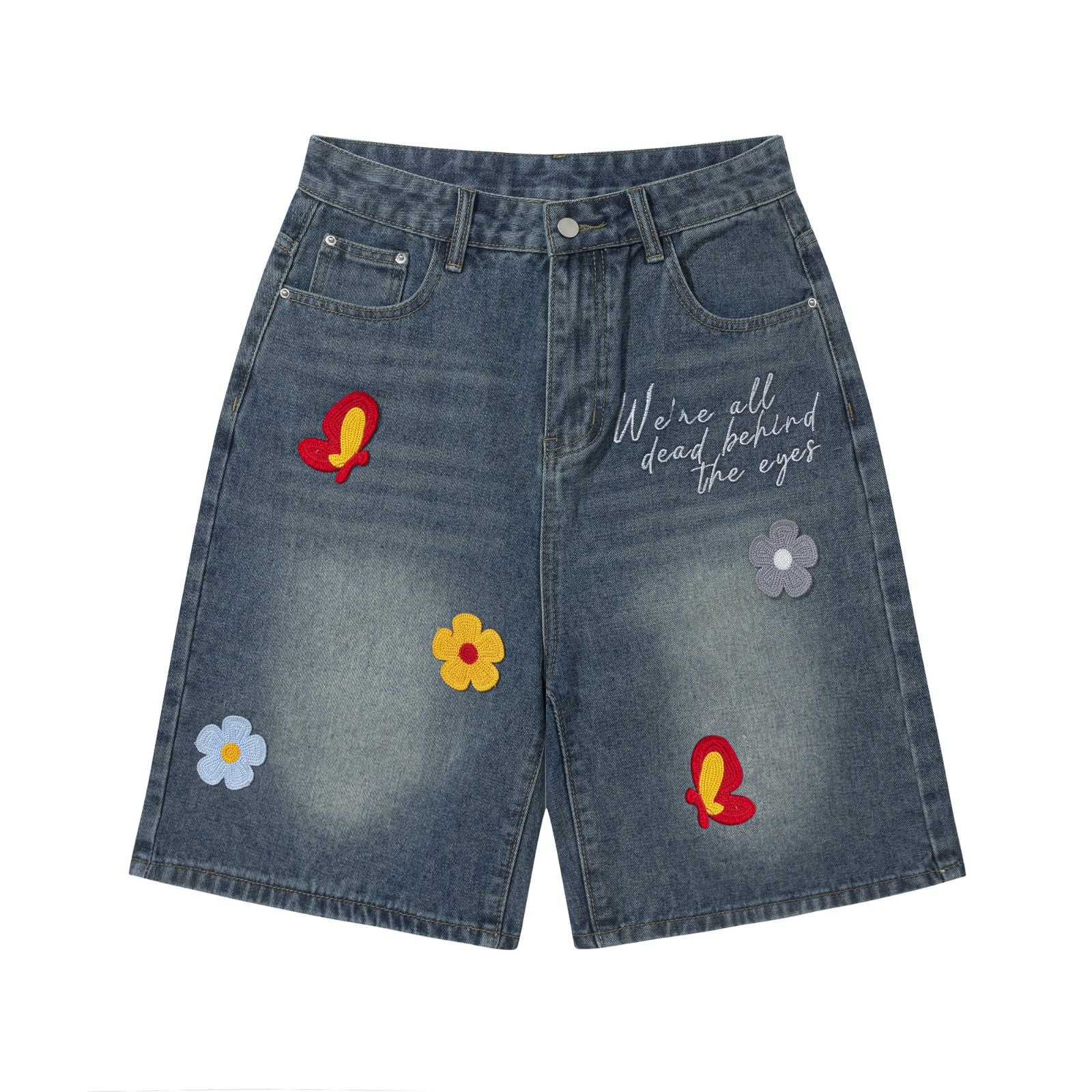 Men's Y2K High Waisted Straight Leg Baggy Jean Shorts 3D Floral Embroidered Denim Pants with Pocket