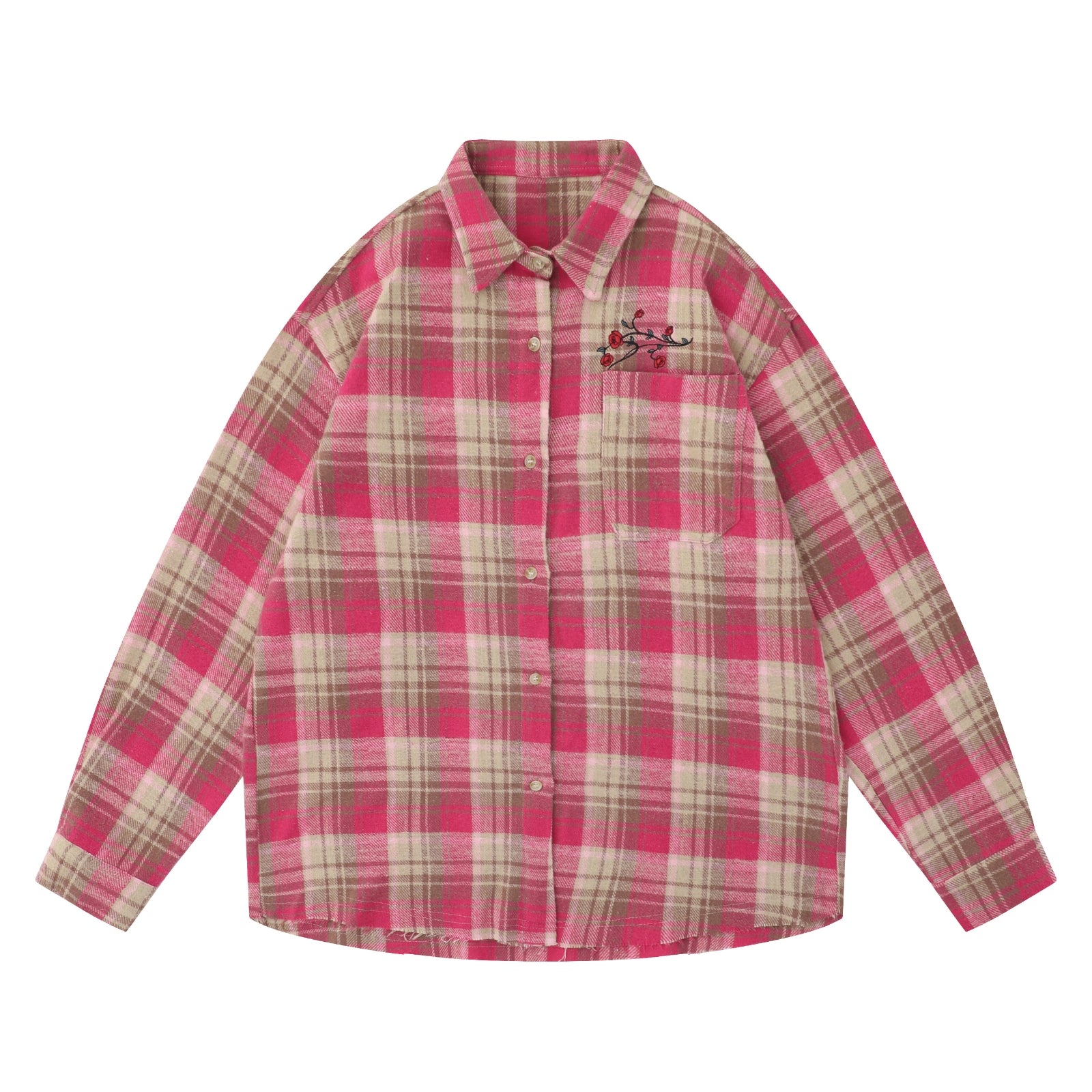 Women's Oversized Button Down Flannel Shirts Long Sleeve Plaid Floral Embroidered Unisex Blouse Top