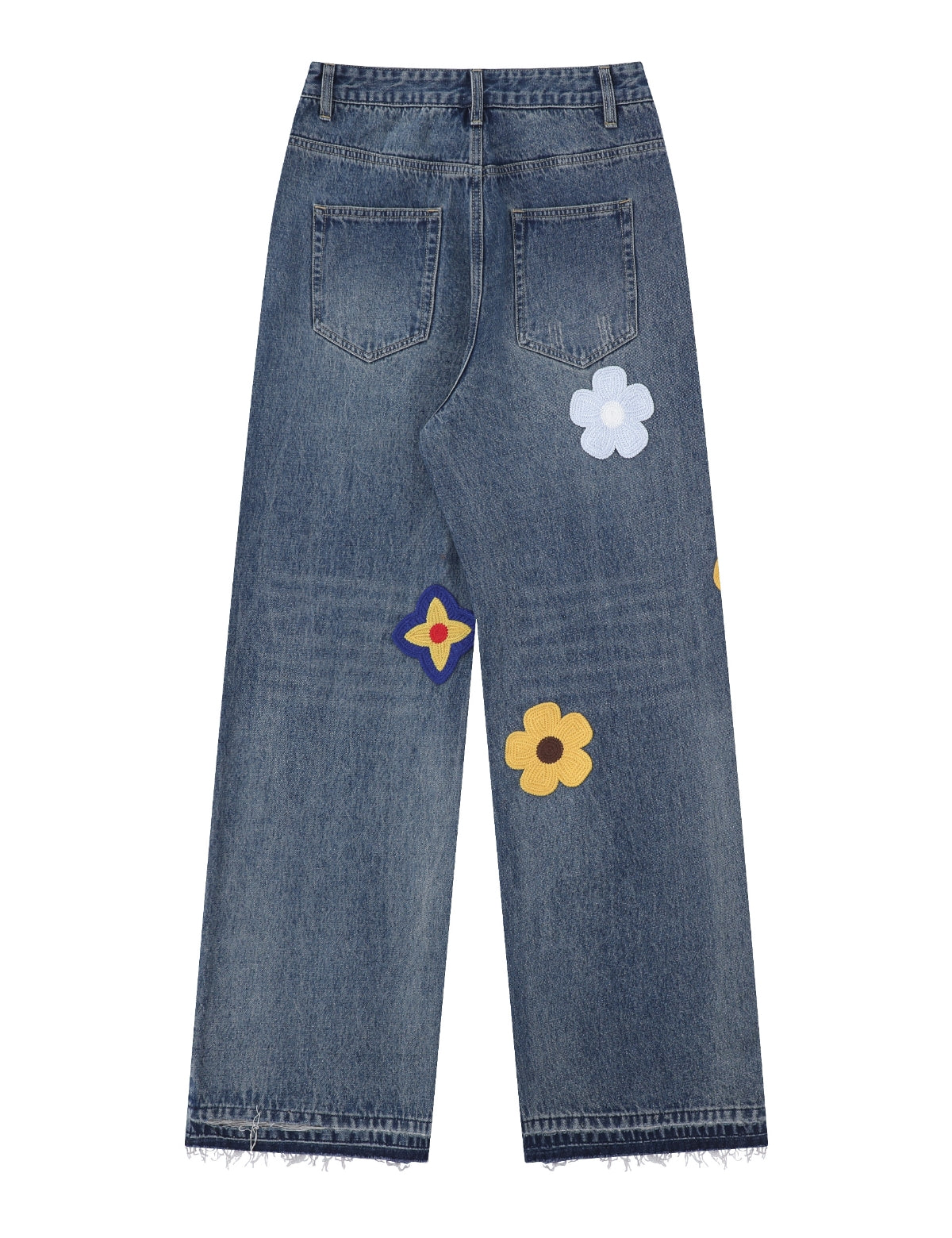 Women's Y2K High Waisted Straight Leg Baggy Jean 3D Floral Embroidered Denim Pants with Pocket