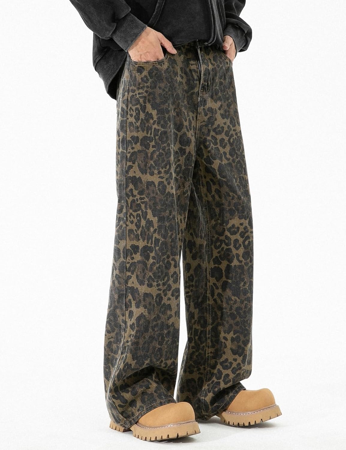 Women's Vintage Leopard Print Wide Leg Y2K Baggy Jeans Loose Fit 2000S Denim Pants Streetwear