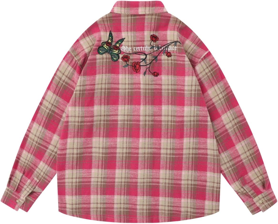 Women's Oversized Button Down Flannel Shirts Long Sleeve Plaid Floral Embroidered Unisex Blouse Top